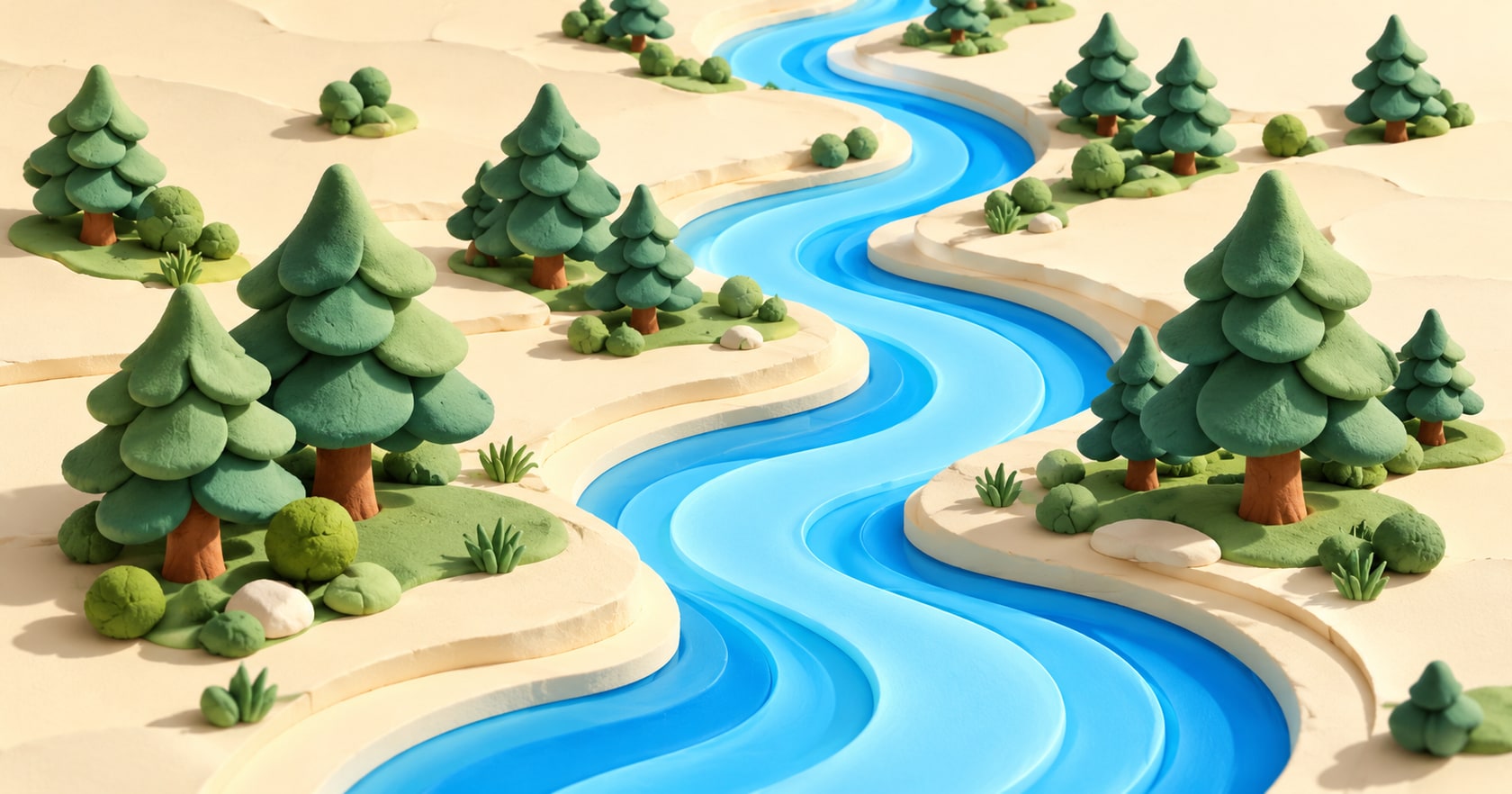A blue river winding between evergreen trees